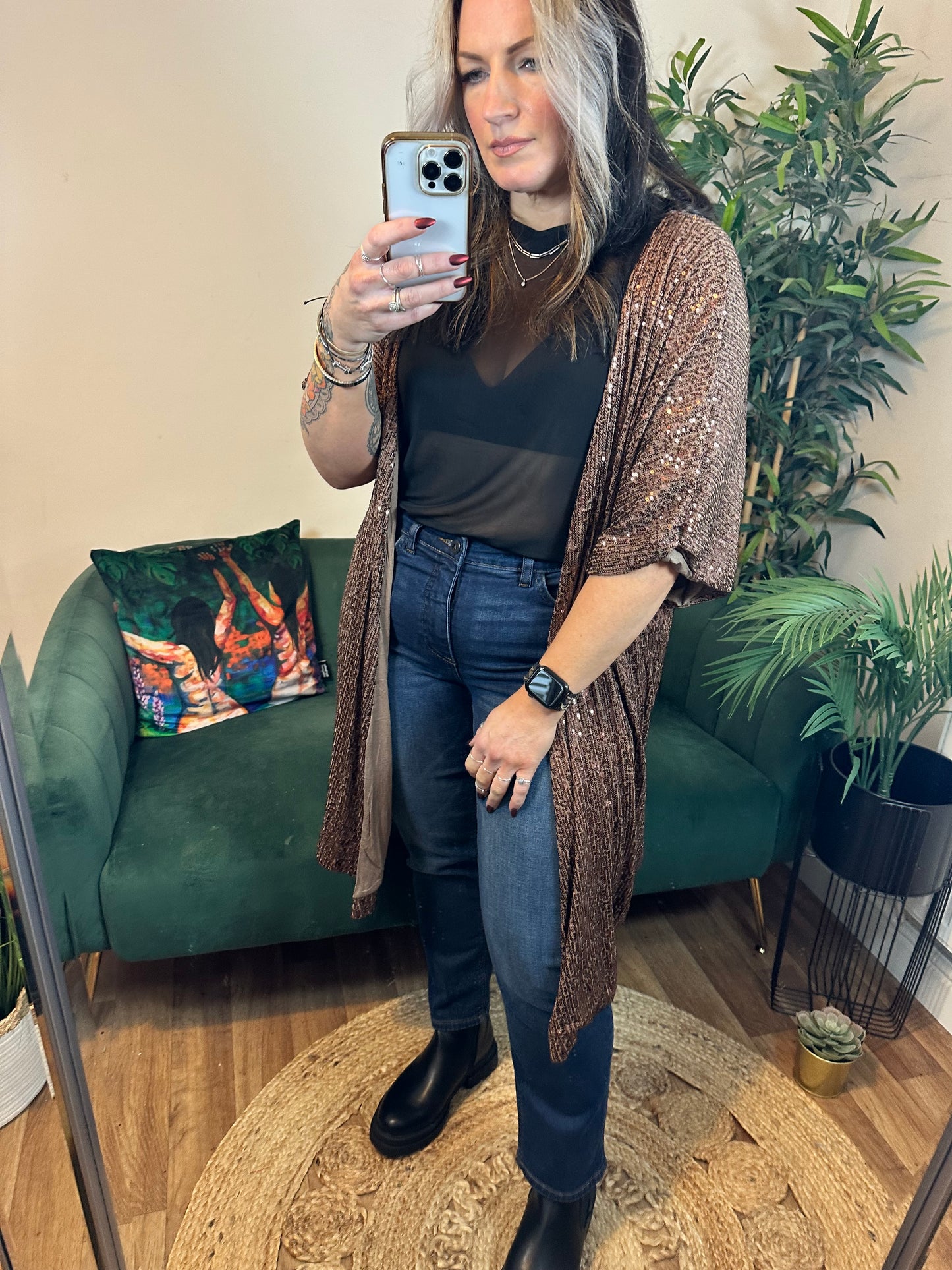 JESSIE Sequin Short Sleeve Wrap Cardigan Mocha