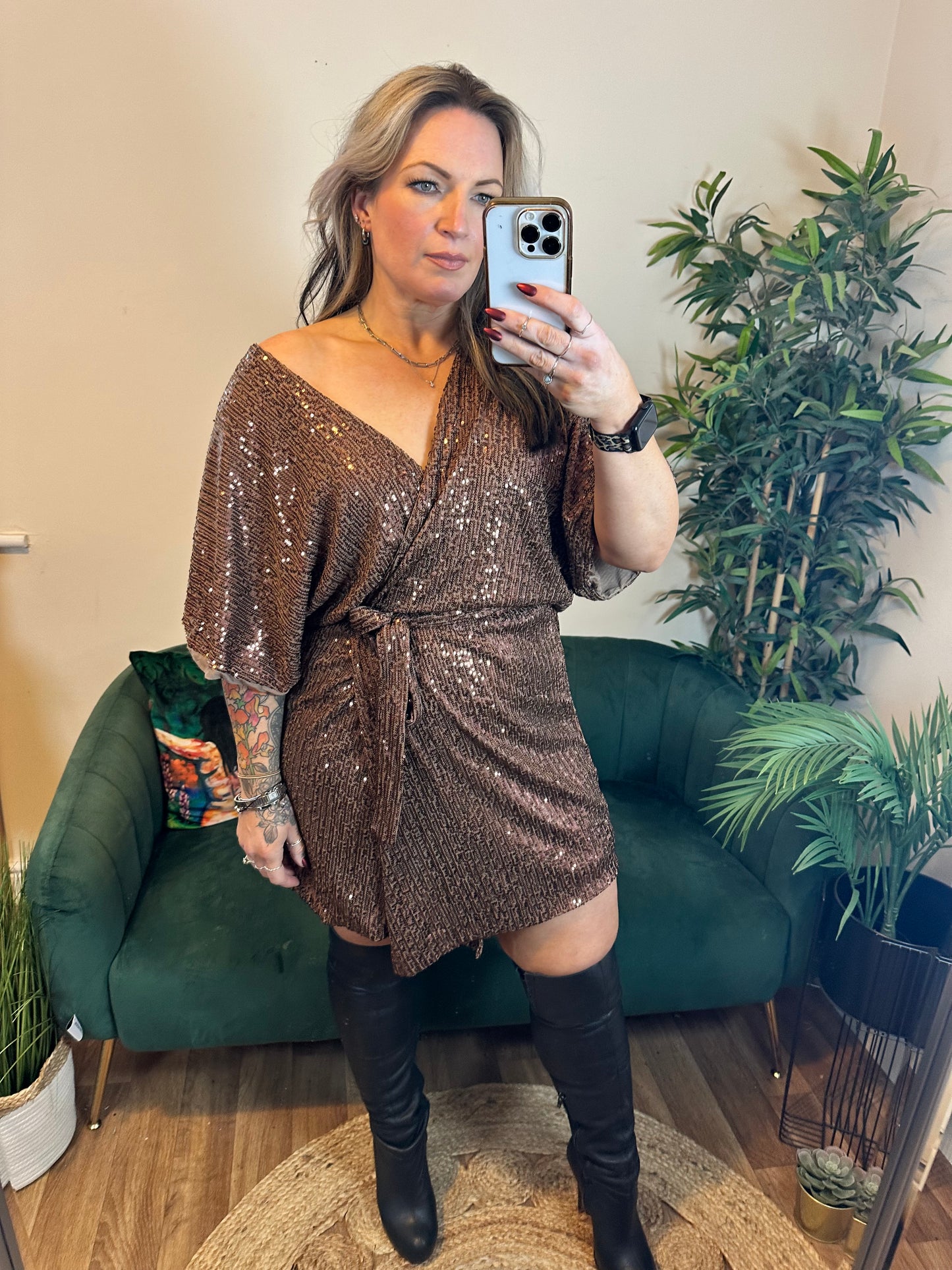 JESSIE Sequin Short Sleeve Wrap Cardigan Mocha