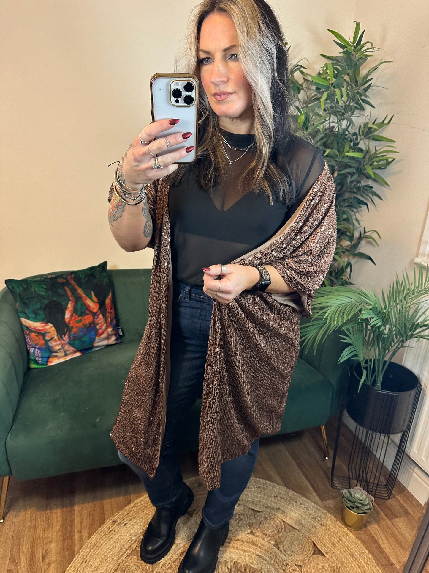 JESSIE Sequin Short Sleeve Wrap Cardigan Mocha