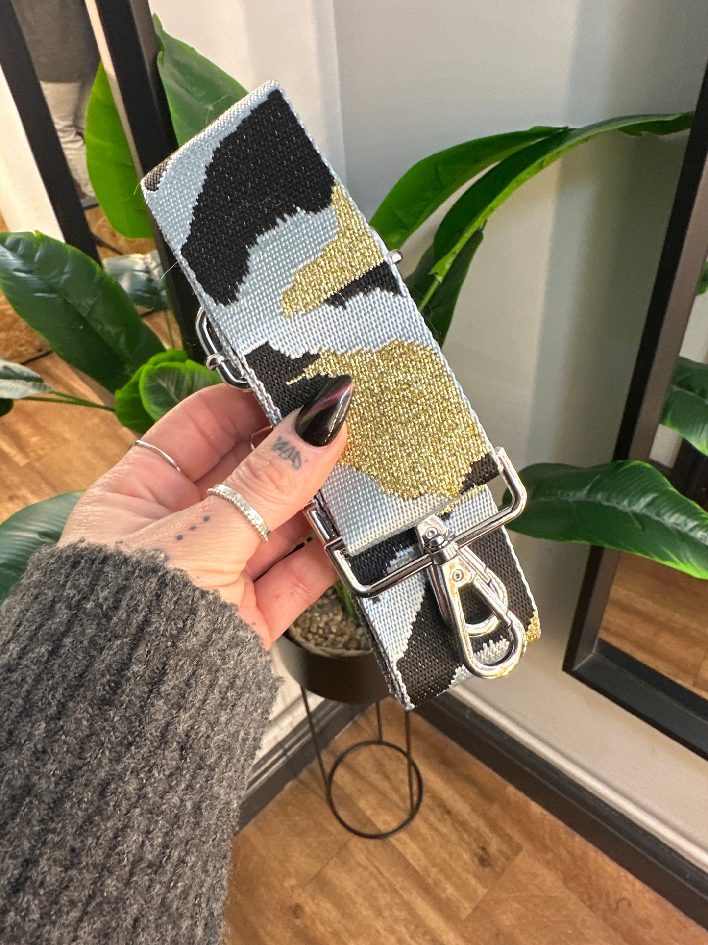 Woven Bag Strap Blue/Black/Gold Camo Print