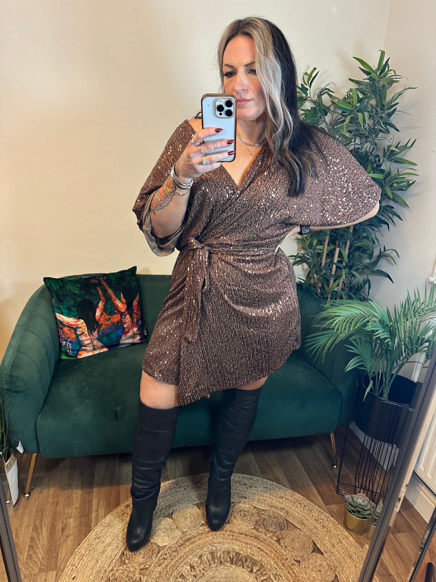 JESSIE Sequin Short Sleeve Wrap Cardigan Mocha