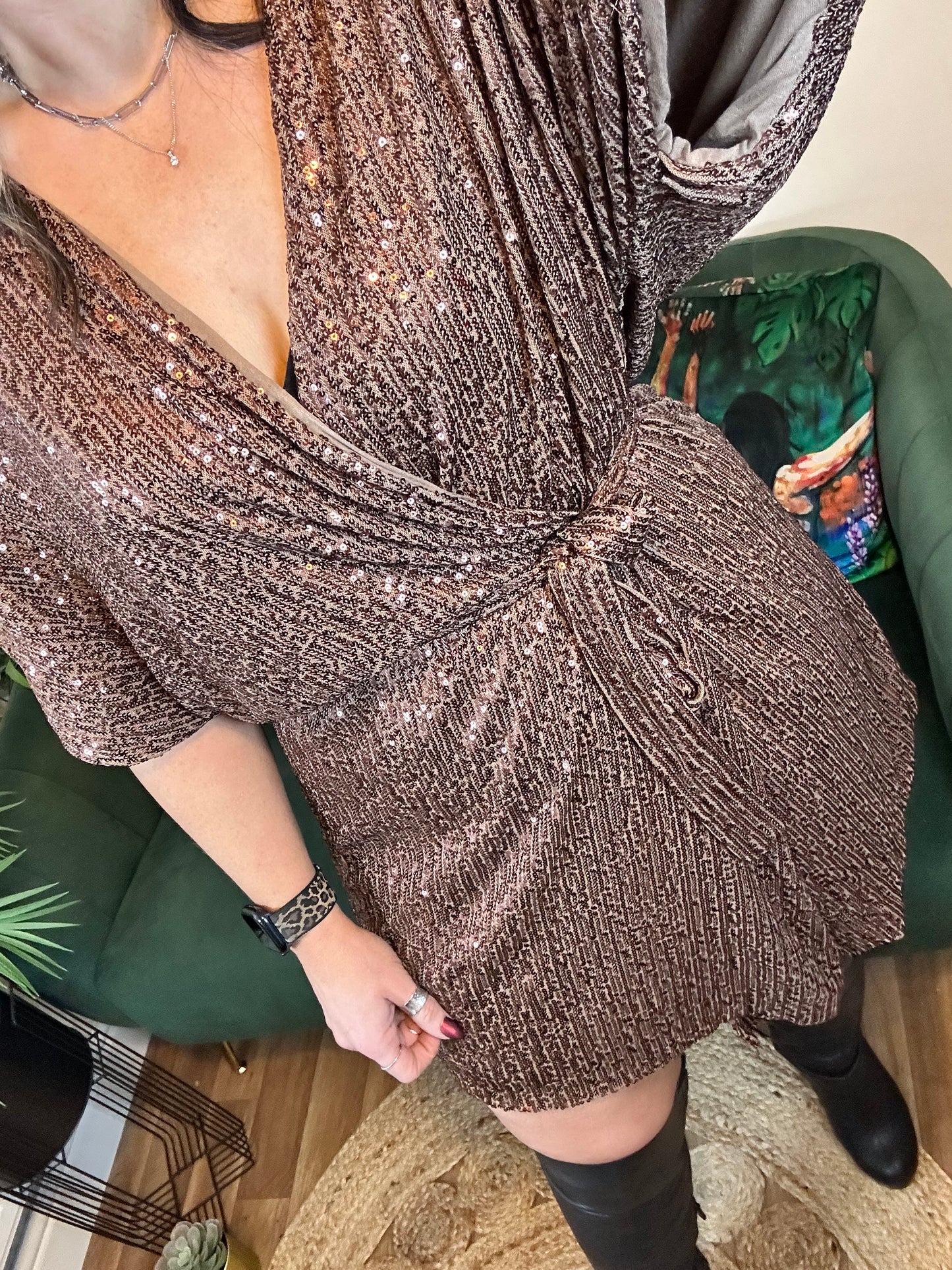 JESSIE Sequin Short Sleeve Wrap Cardigan Mocha