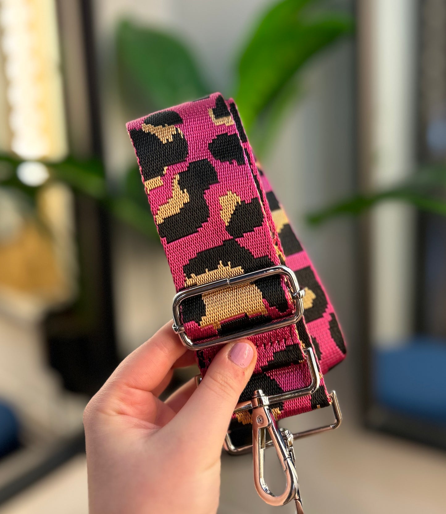 Woven Bag Strap Pink/Black/Gold Leopard Print
