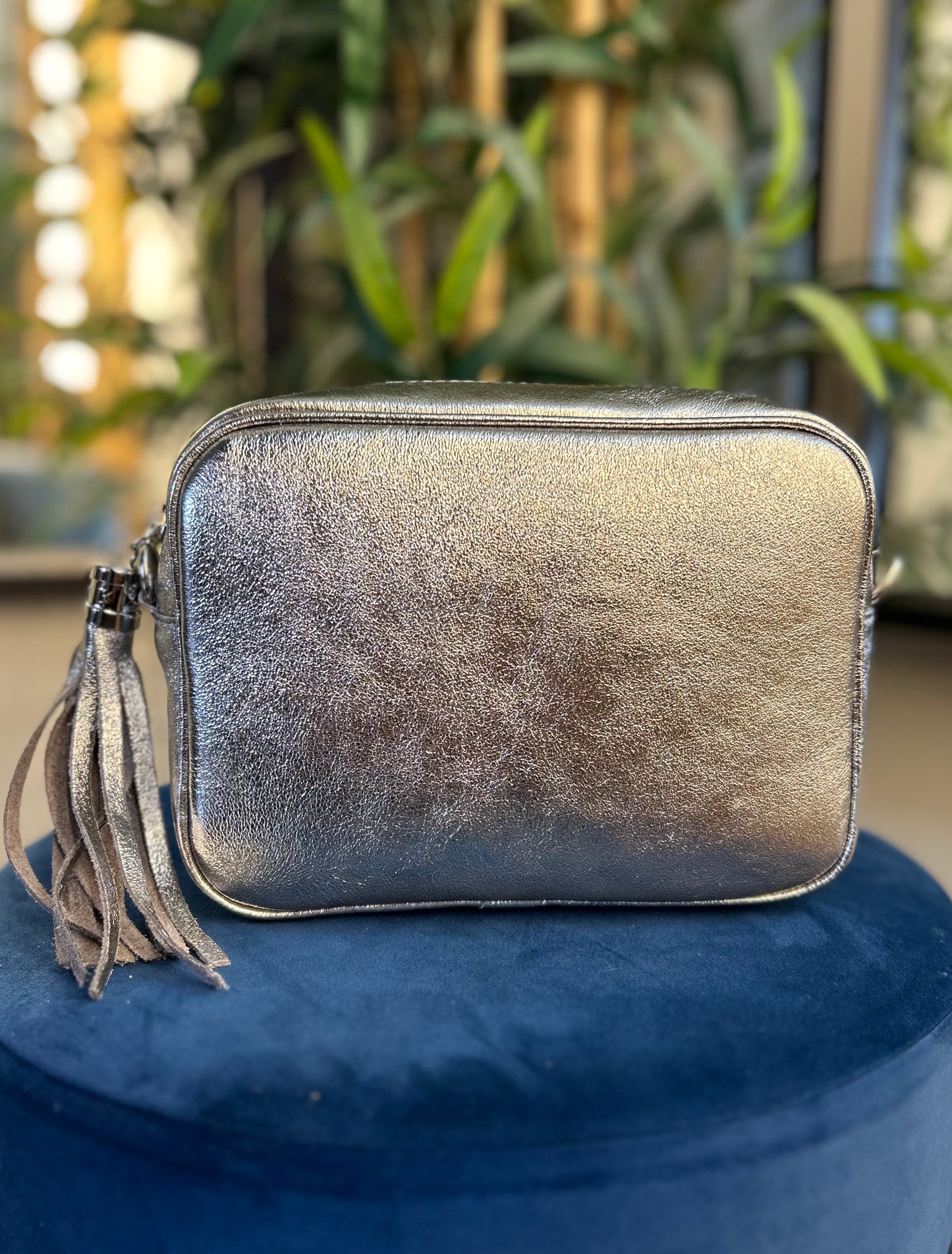 Cassie Leather Camera Bag Metallic Pewter