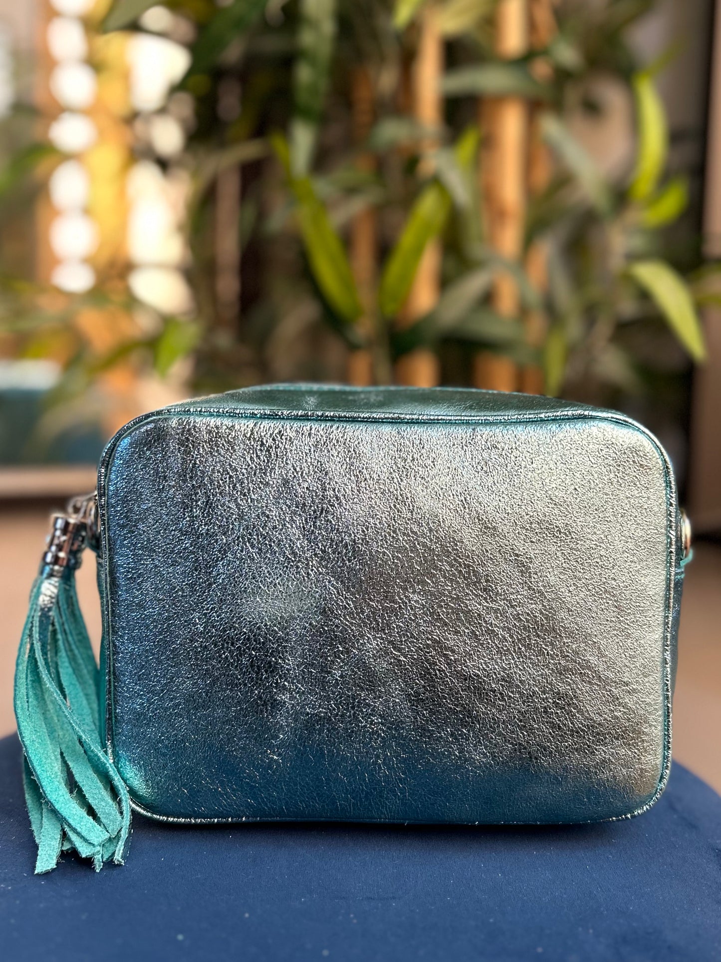 Cassie Leather Camera Bag Metallic Aqua Blue