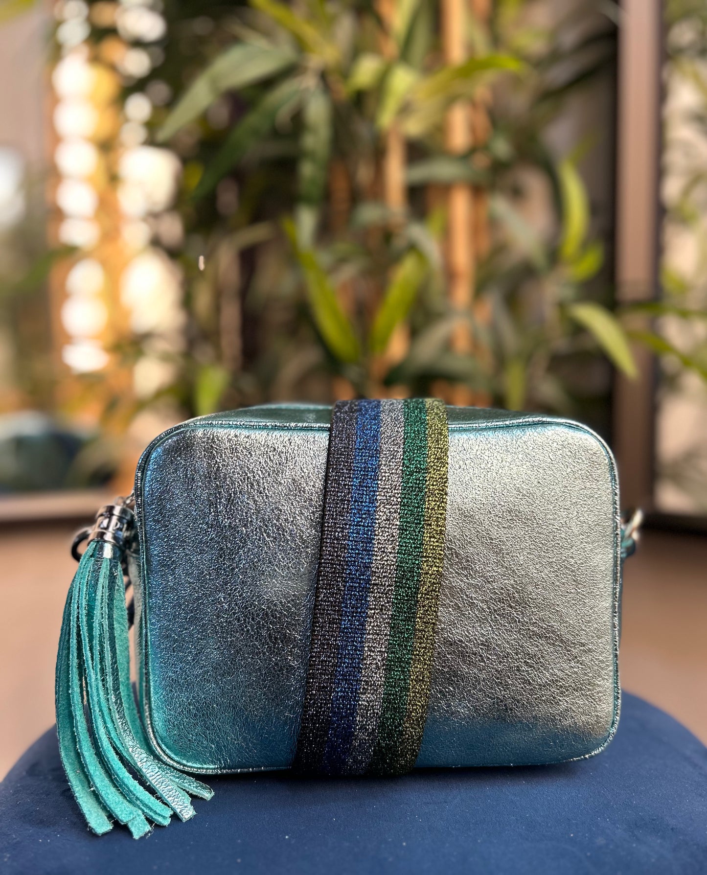 Cassie Leather Camera Bag Metallic Aqua Blue