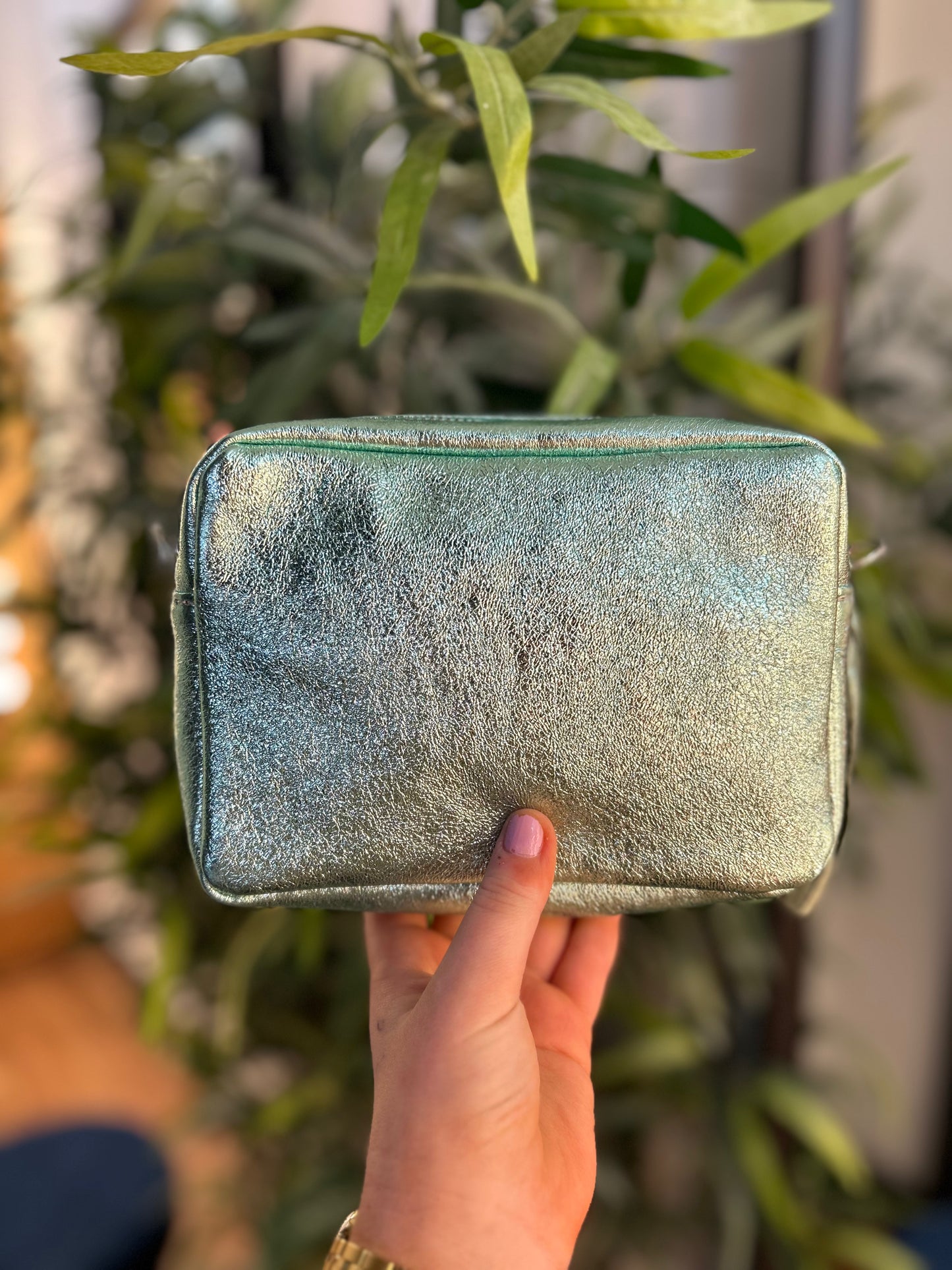Clara Leather Camera Bag Metallic Pastel Green