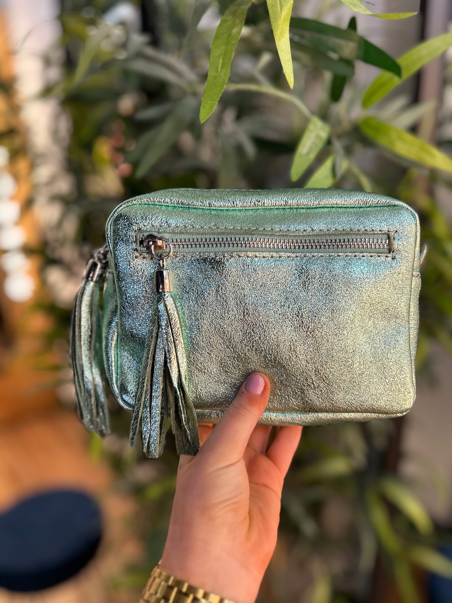Clara Leather Camera Bag Metallic Pastel Green