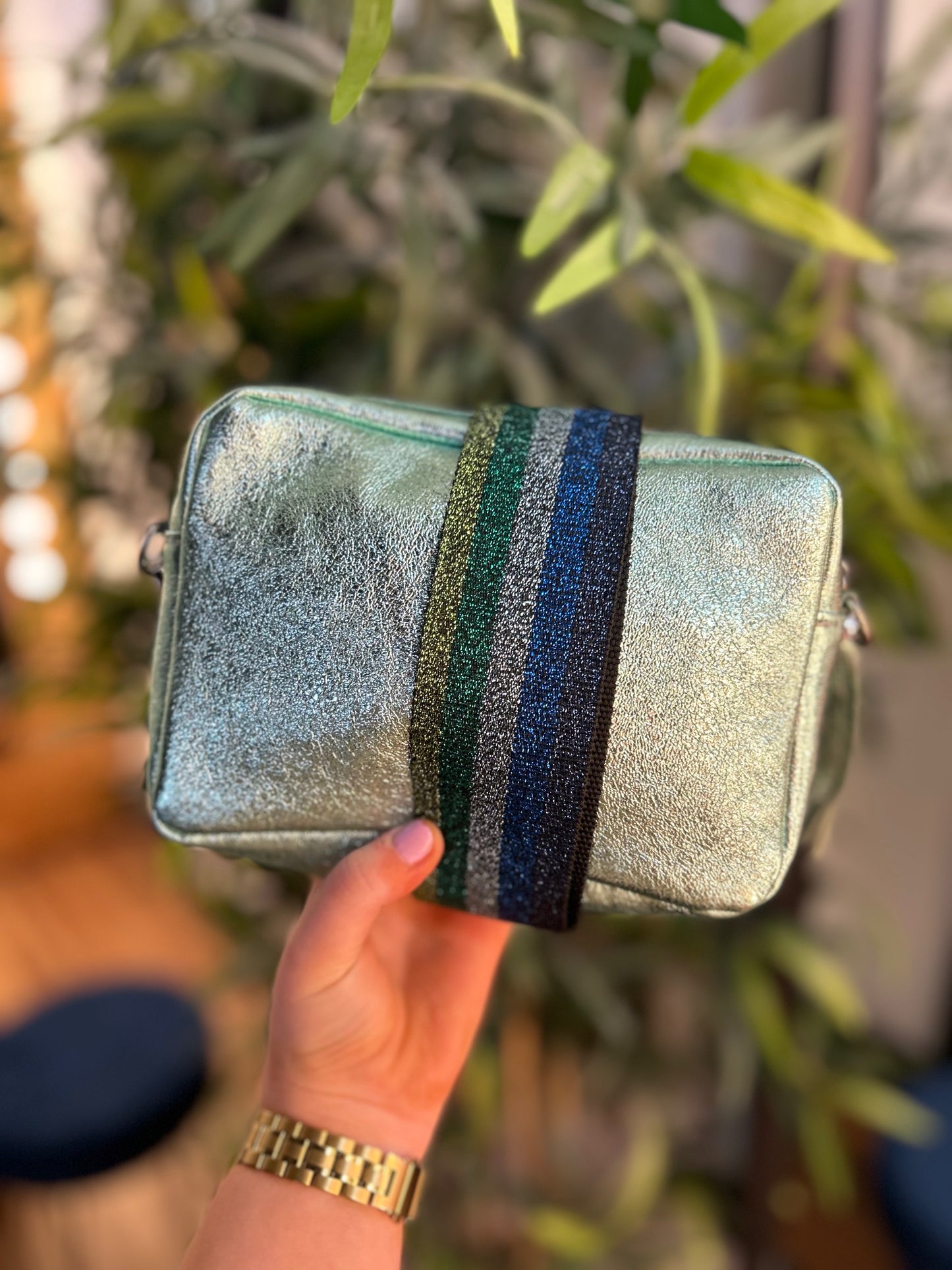 Clara Leather Camera Bag Metallic Pastel Green