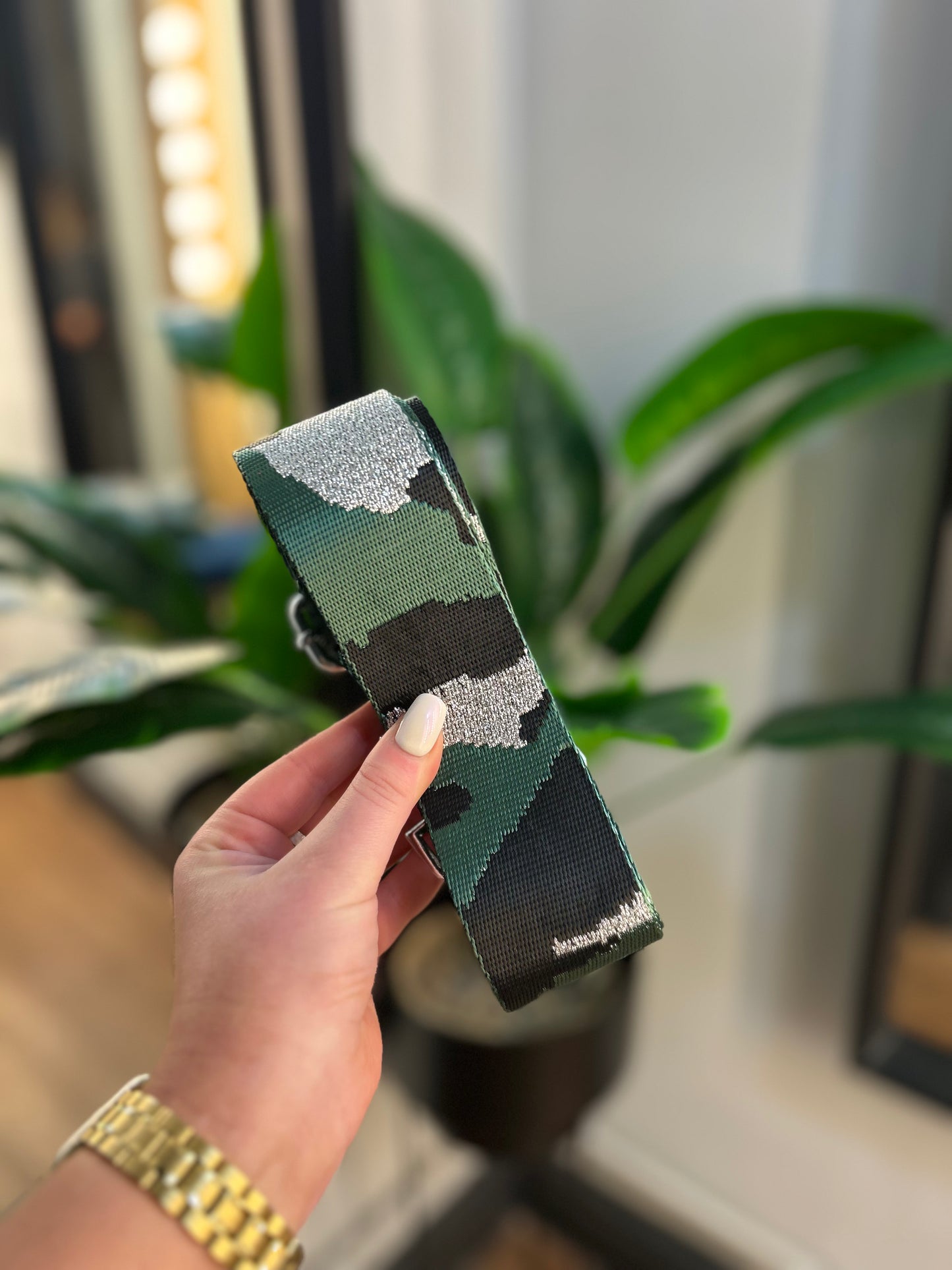 Woven Bag Strap Green/Black/Silver Camo Print