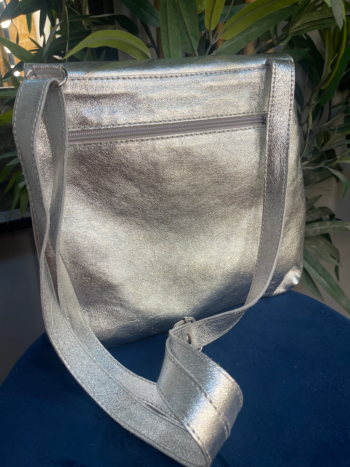 Fern Metallic Leather Crossbody Shoulder Bag Silver