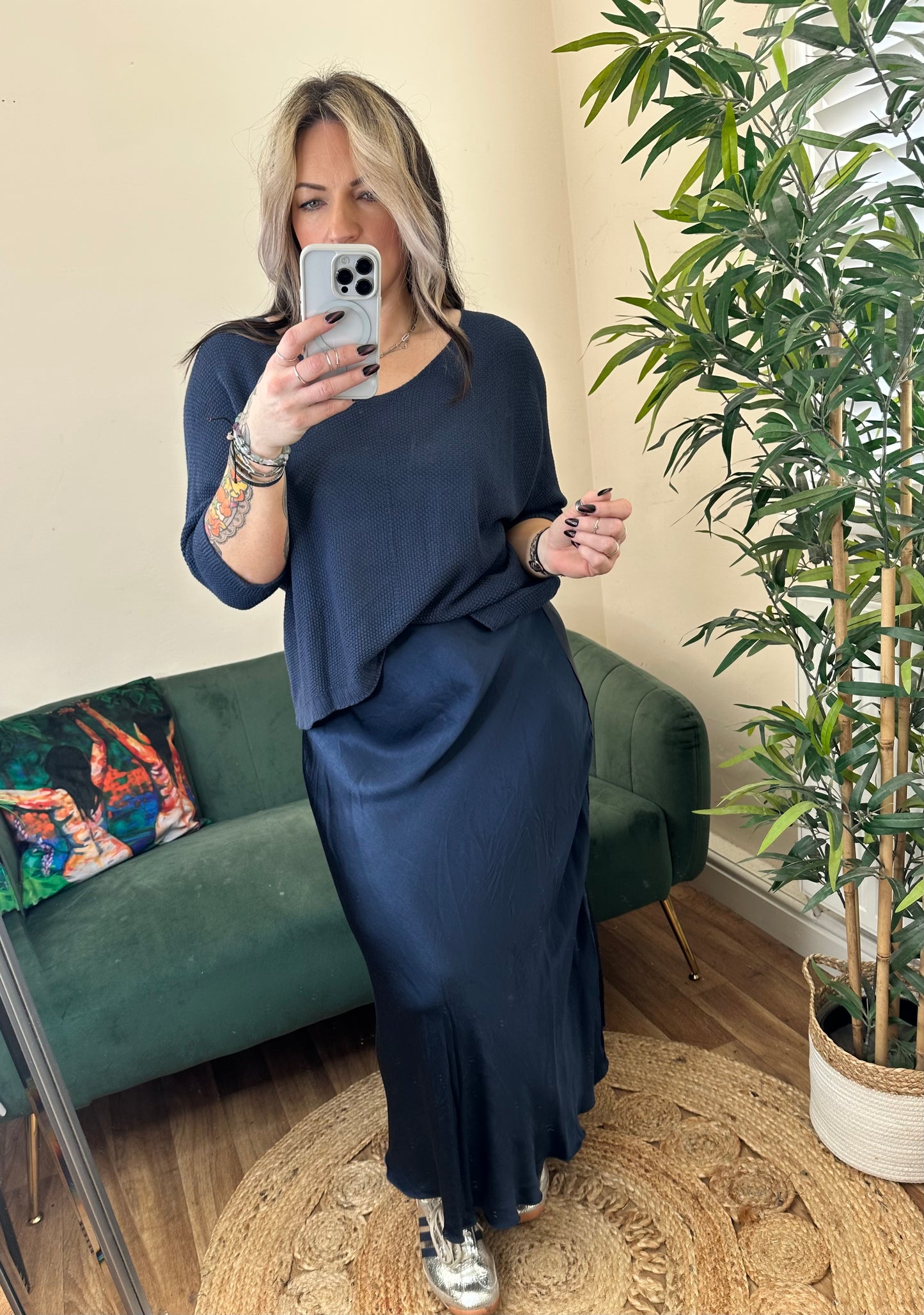 SKYLA Bias Cut Satin Skirt Midnight