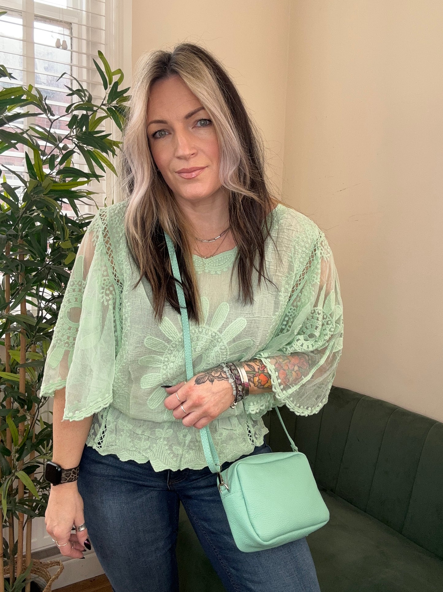 BLOSSOM Bohemian Angel Sleeve Top Pastel Green