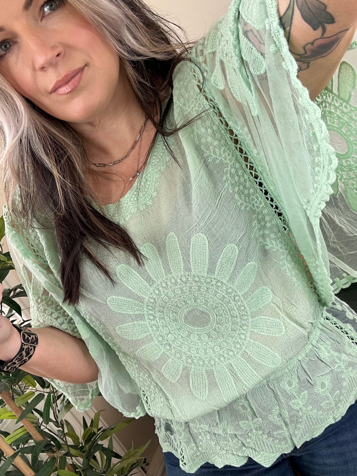 BLOSSOM Bohemian Angel Sleeve Top Pastel Green