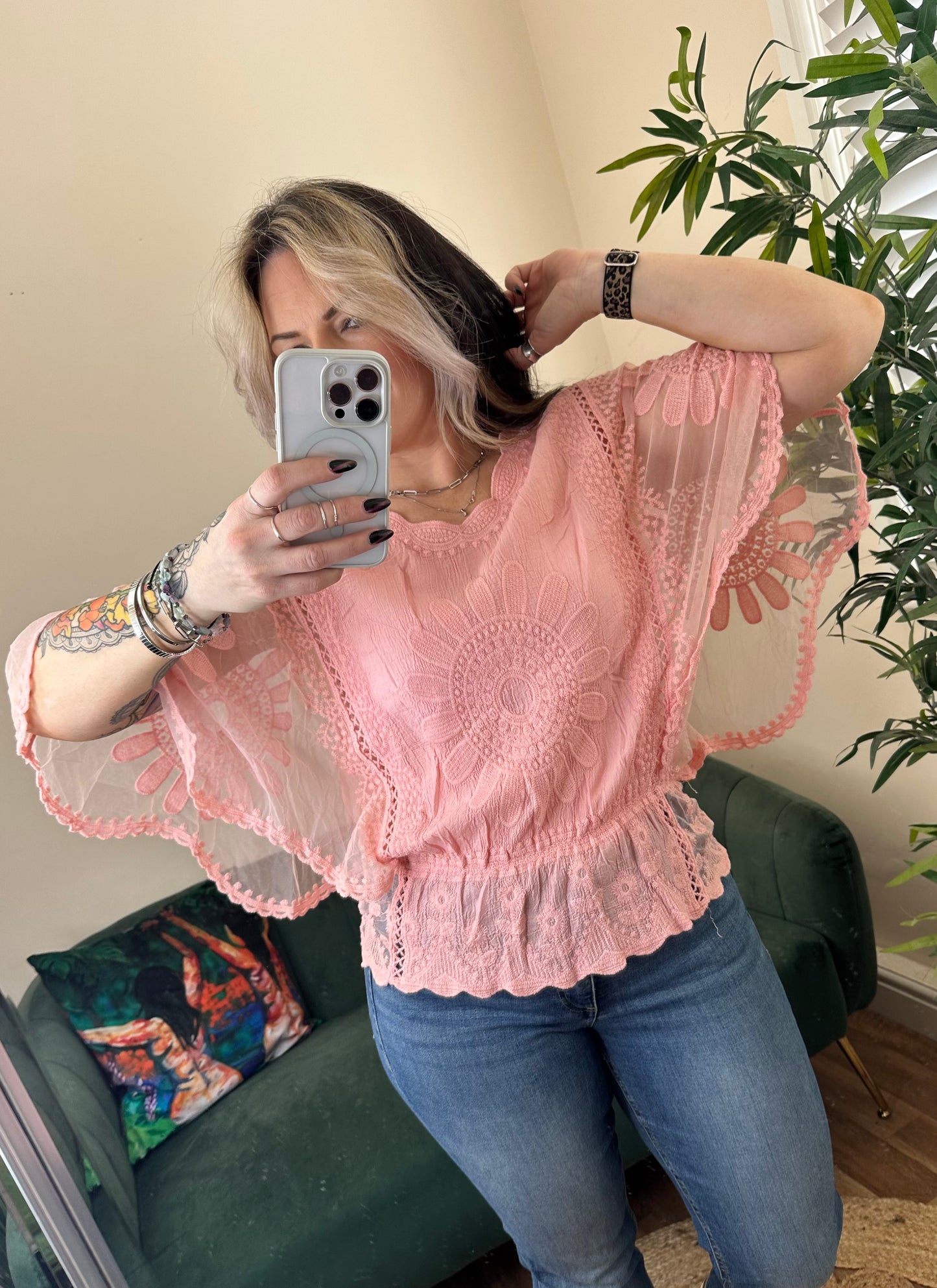 BLOSSOM Bohemian Angel Sleeve Top Peach