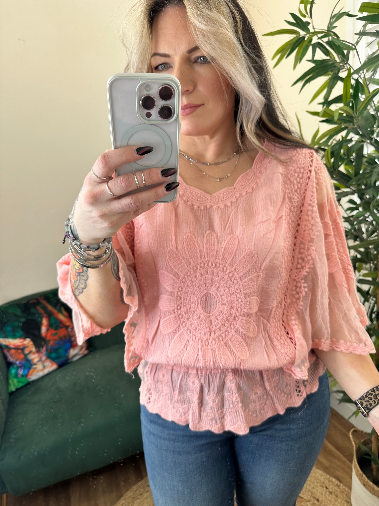 BLOSSOM Bohemian Angel Sleeve Top Peach