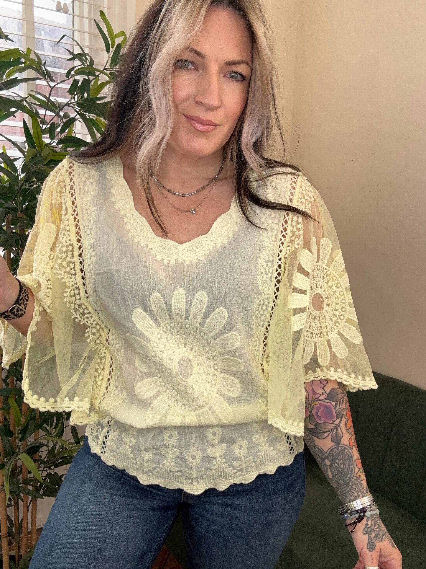 BLOSSOM Bohemian Angel Sleeve Top Lemon