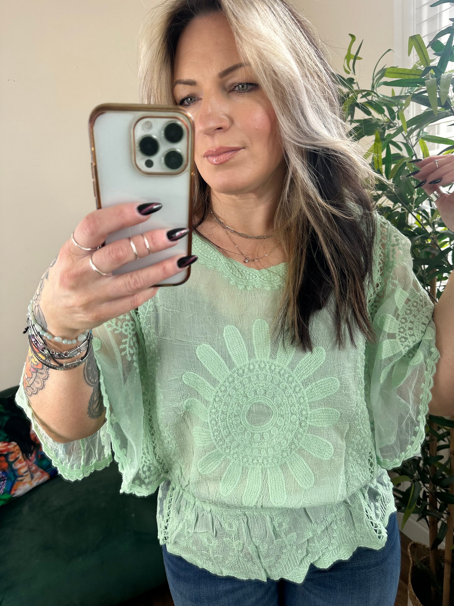 BLOSSOM Bohemian Angel Sleeve Top Pastel Green