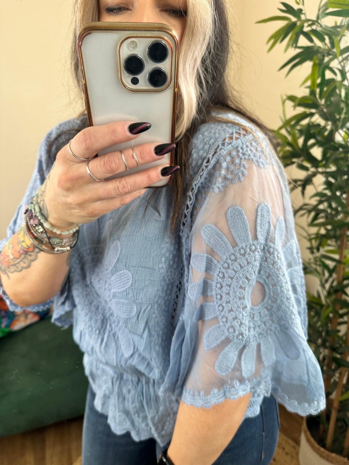 BLOSSOM Bohemian Angel Sleeve Top Denim Blue