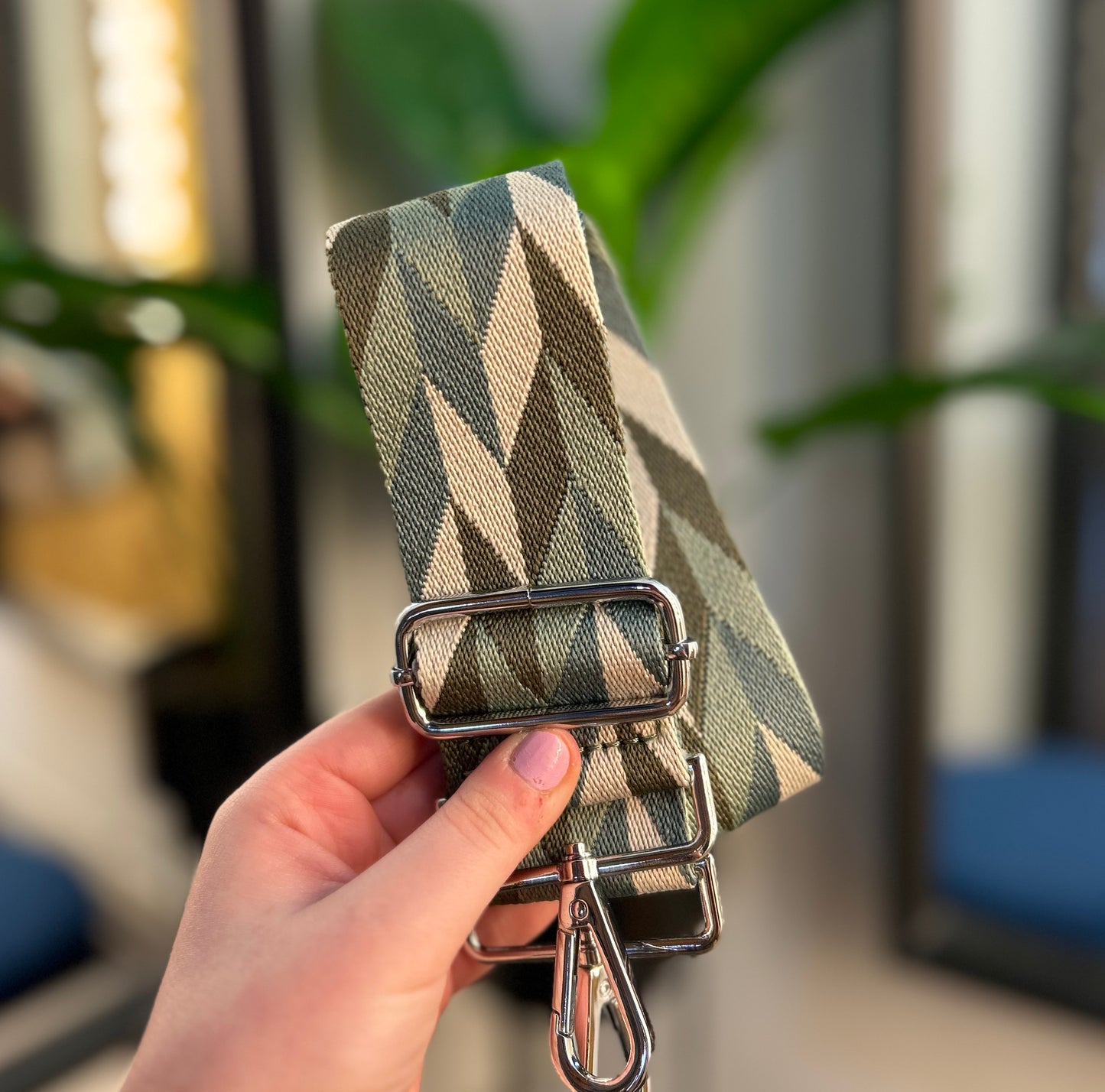 Woven Bag Strap Greens and Beige Tile Chevron