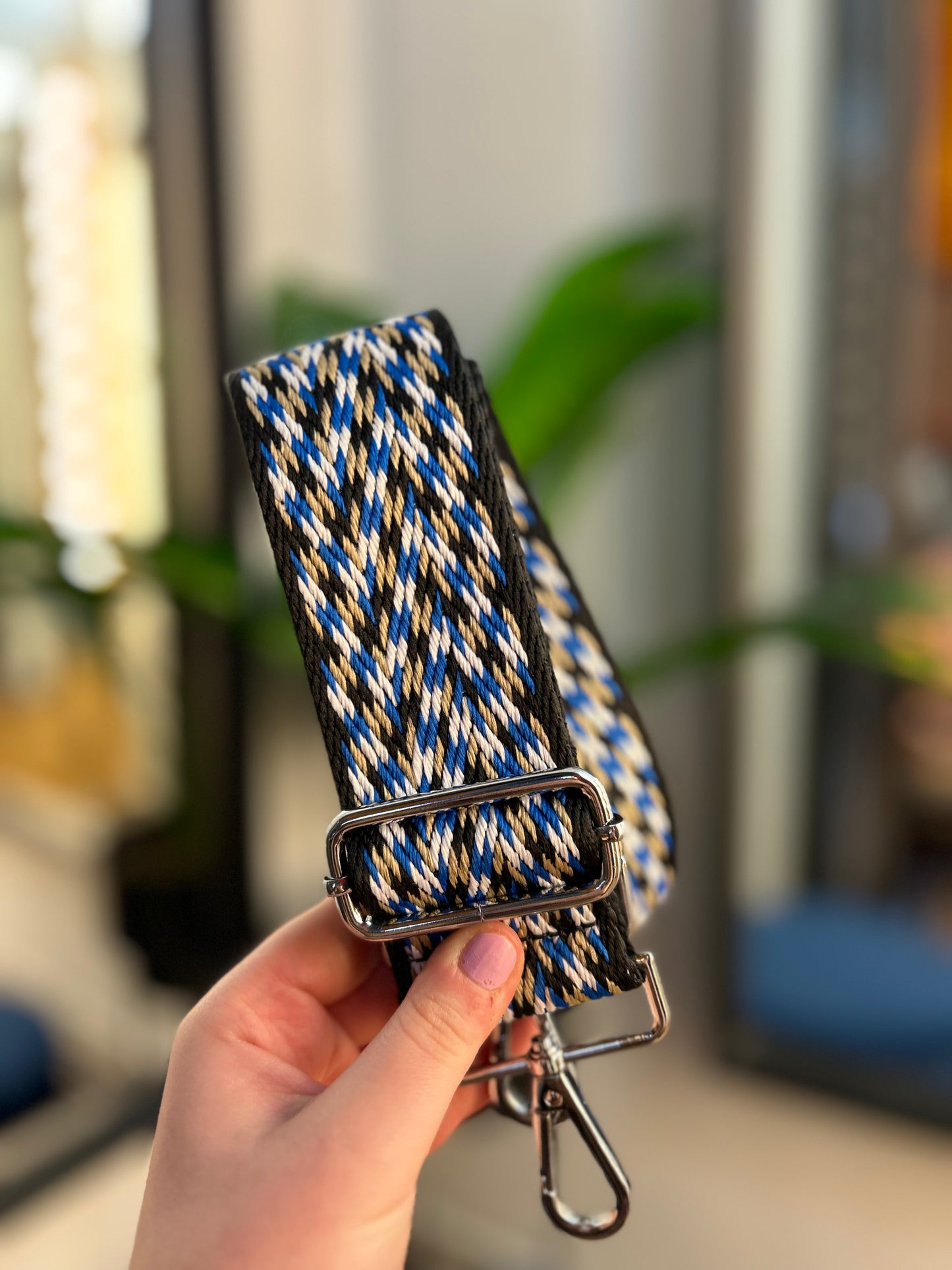 Woven Bag Strap Blue/Black/Beige/White Confetti Pattern
