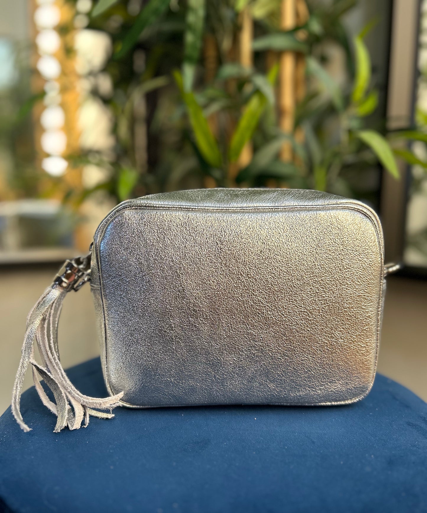 Cassie Leather Camera Bag Metallic Silver