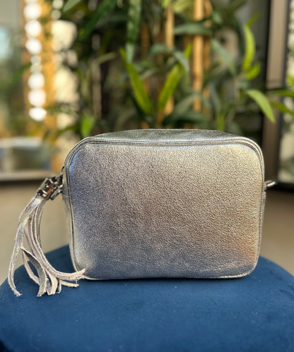 Cassie Leather Camera Bag Metallic Silver